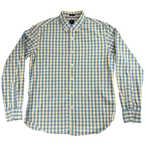 J. Crew Button Down Shirt Mens L Slim Fit Yellow Blue Check Plaid Long Sleeve - Picture 1 of 15